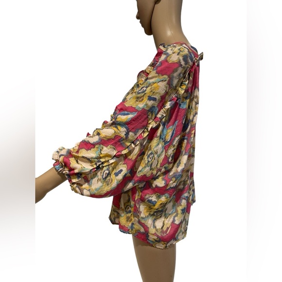 Zac & Rachel Watercolor Boho Blouse Sleeve Ruffle size L - Picture 3 of 4